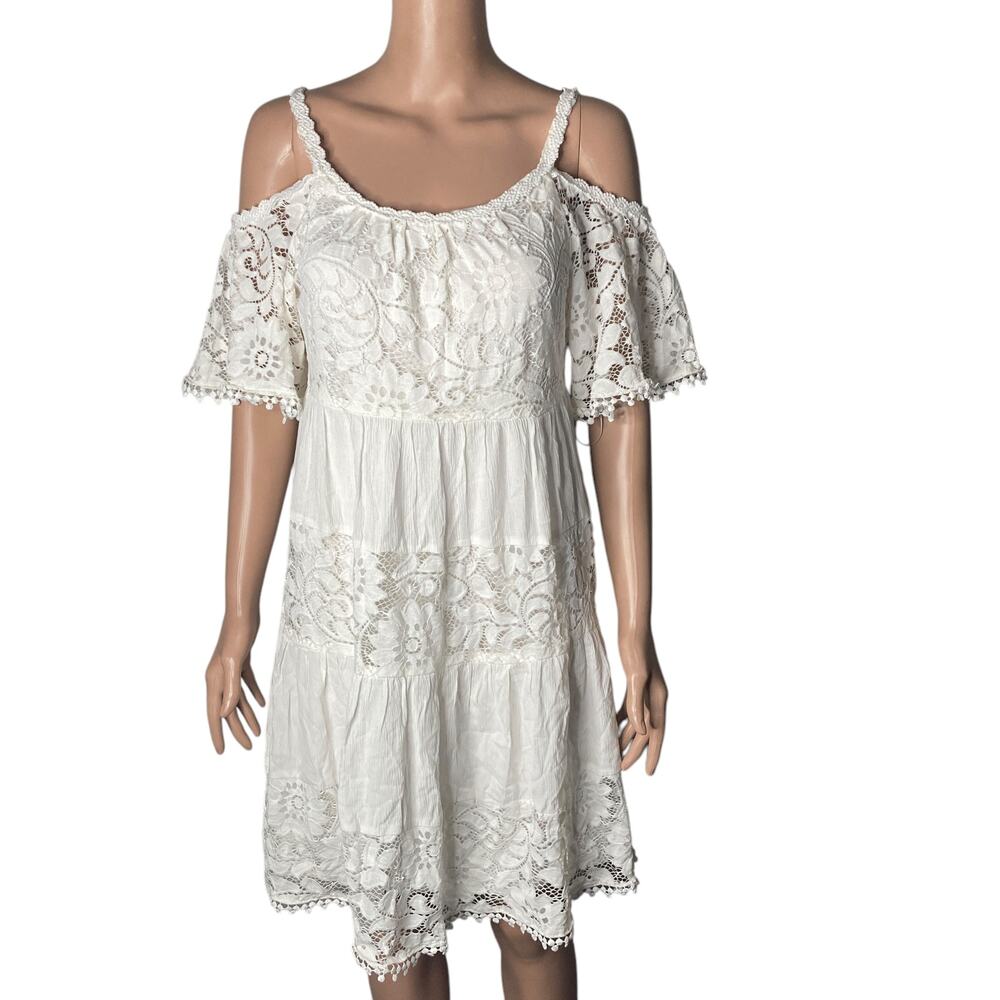 Robbie Bee Dress Womens Small White Gauze Laced Cold Shoulders